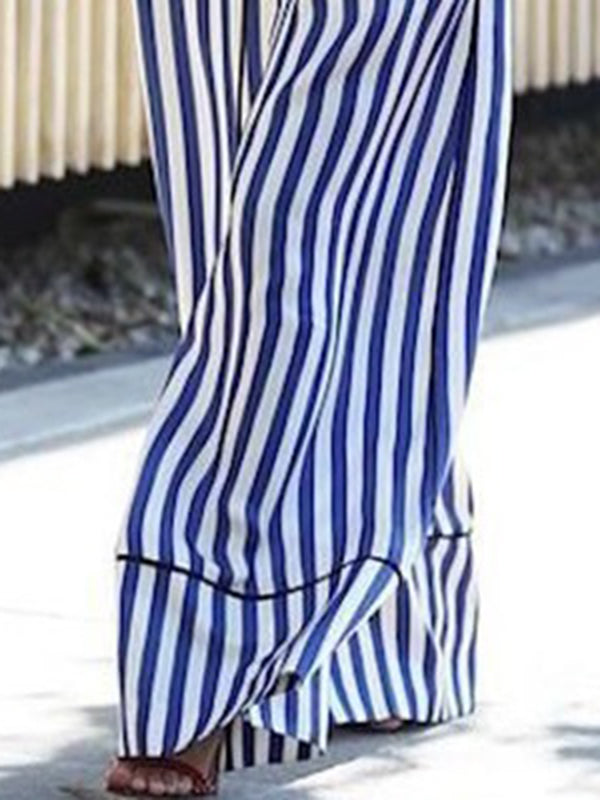High Waisted Loose Contrast Color Drawstring Elasticity Split-Joint Striped Pants Trousers
