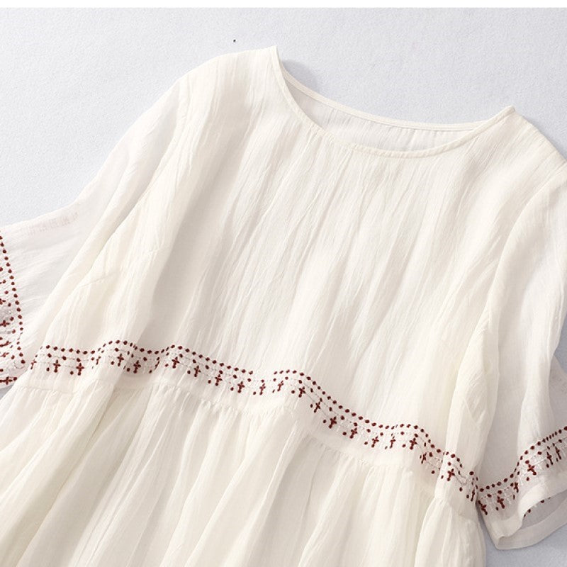 Cotton Linen Embroidered Dress Loose Large Swing Round Neck