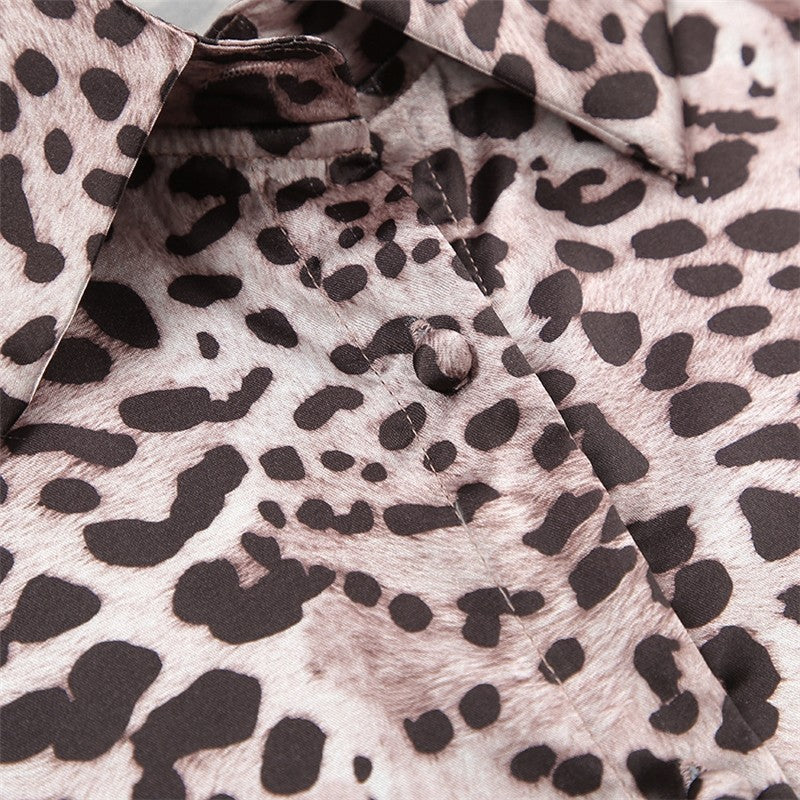 Leopard Print Long Sleeve Lapel Blouse and Pants Set - Two-piece Pajama Suit
