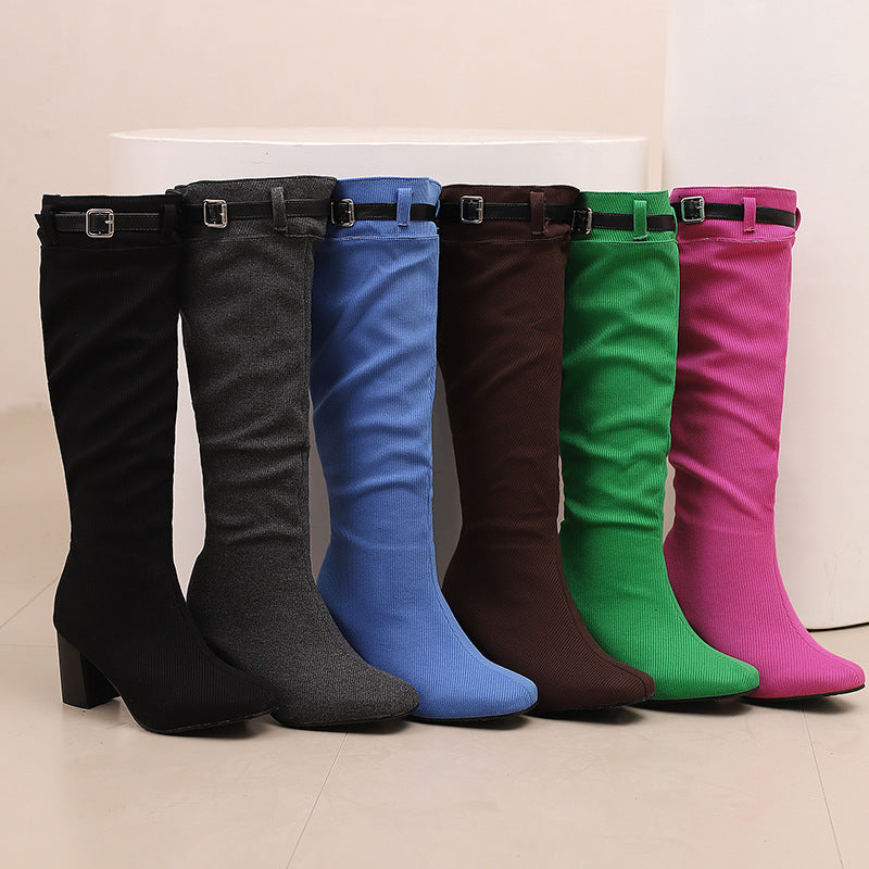 Chunky-Heeled Over-the-Knee Boots with Color-Block Leather Belt Buckle - Women's High Fashion Boots