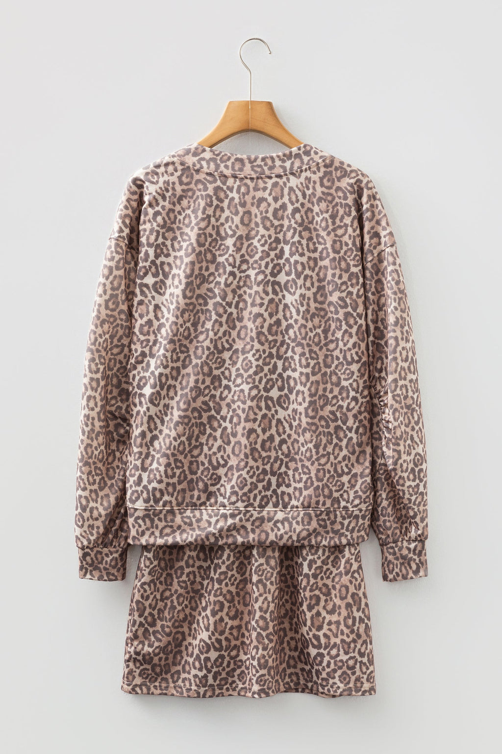 Light French Beige Leopard Print V Neck Pullover Mini Skirt 2pcs Set