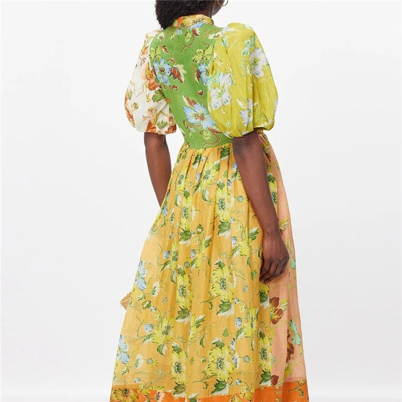 Floral Print Midi Dress with Bubble Sleeves