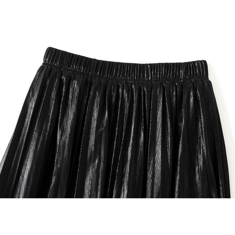 Metallic Pleated A-Line Skirt with Elastic Waist in Solid Color