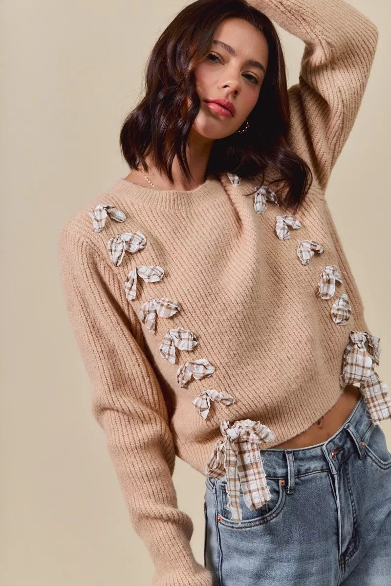 Checkered Plaid Tape Lace Up Ribbed Sweater