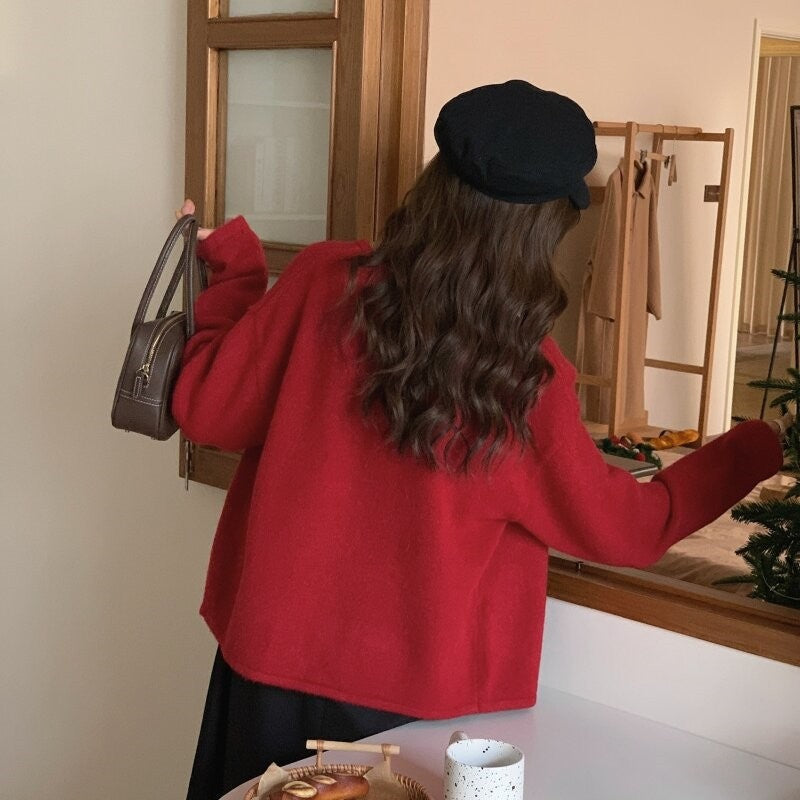 Loose Fit Solid Color Round Neck Sweater Cardigan