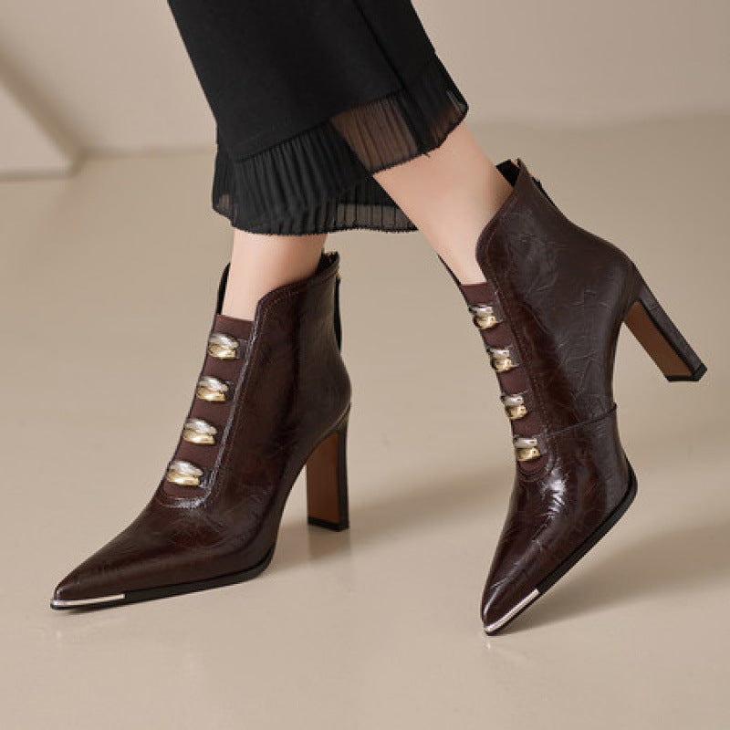 Women's Pointed-Toe Chunky Heel Short Boots – Satin Upper, Ultra-High Heel