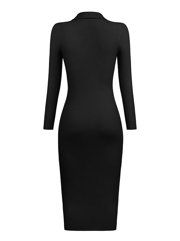 High Waisted Long Sleeves Buttoned Solid Color Lapel Midi Dresses