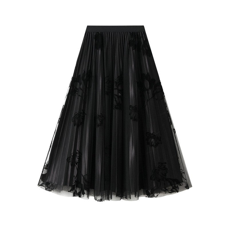 Floral Flock Mesh Patchwork A-Line Skirt