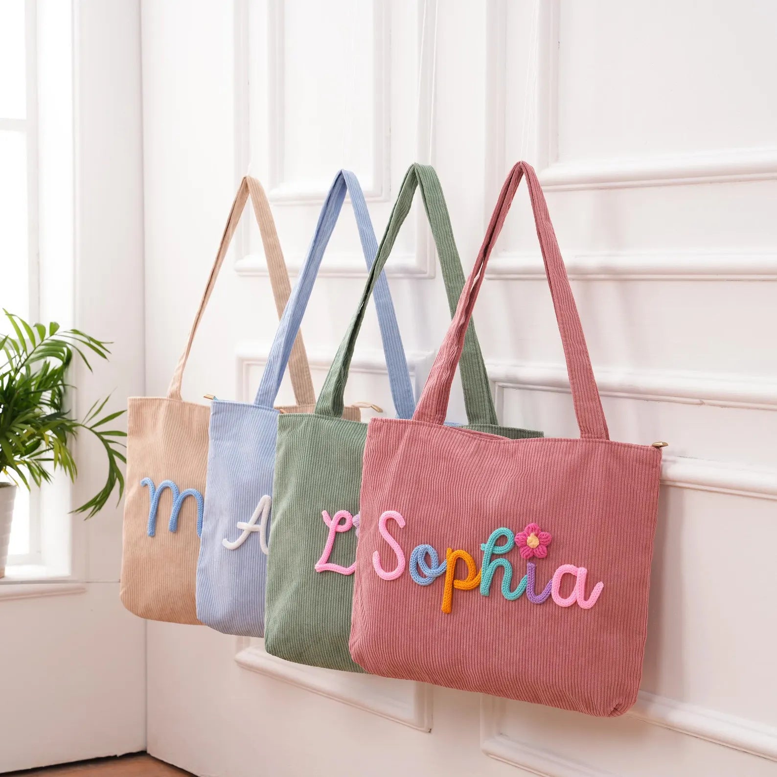 Women's Corduroy Handbag - Minimalist Casual Shoulder Bag with Embroidery