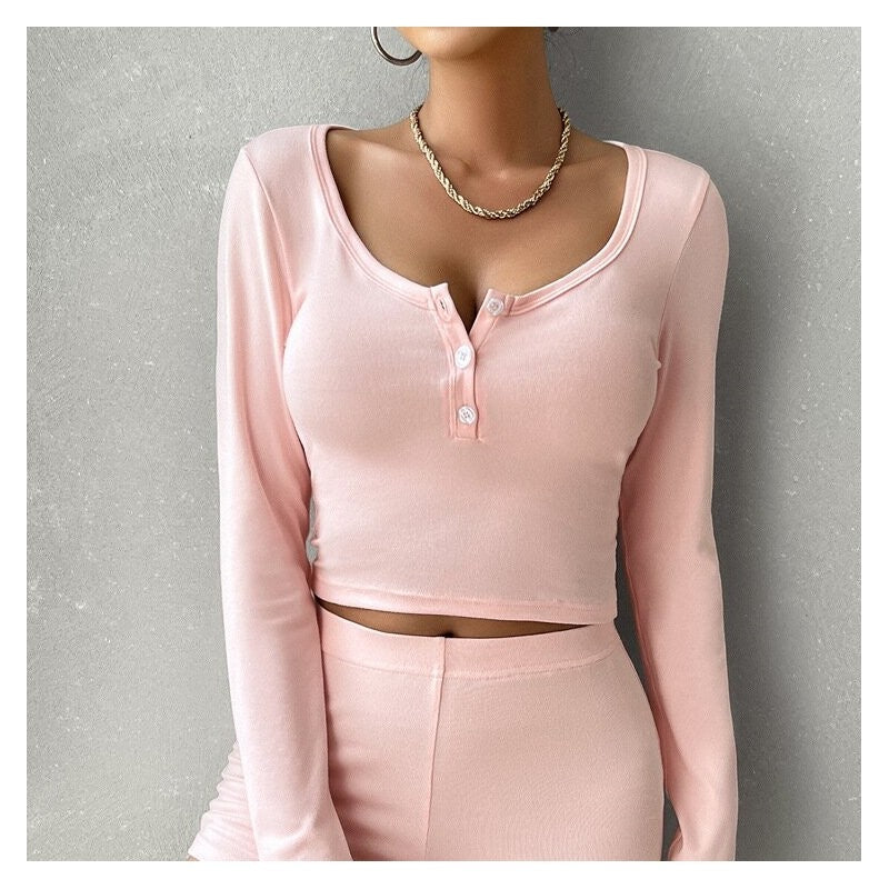 Solid Color Slim Fit Long Sleeve Top and Trousers Ensemble