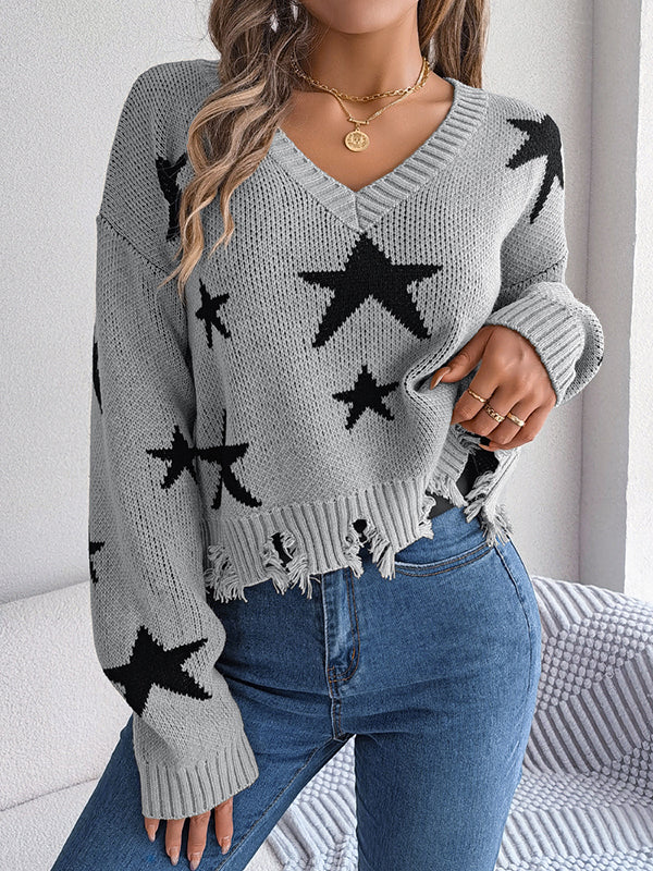 Long Sleeves Loose Contrast Color Fringed Split-Joint V-Neck Sweater Tops