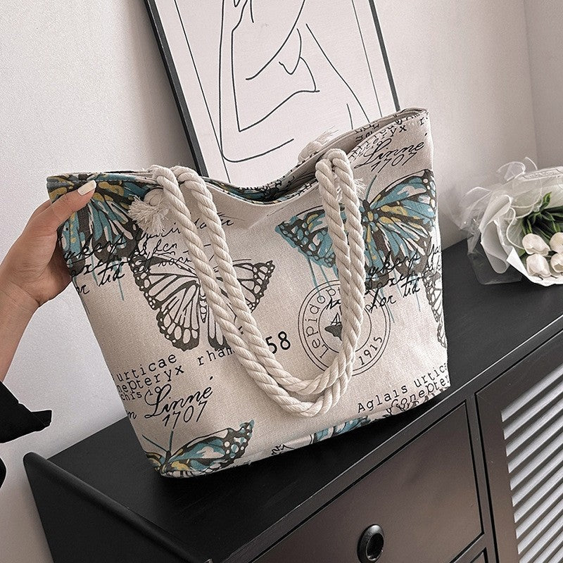 Printed Canvas Tote Bag with Stylish Rope Handles