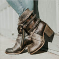 Women's Retro Chunky Heel Ankle Boots – Side Zipper & Buckle Detail