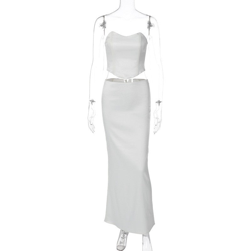 Solid Color Bandeau Maxi Dress Set with Matching Belt - Stylish and Versatile Summer Outfit