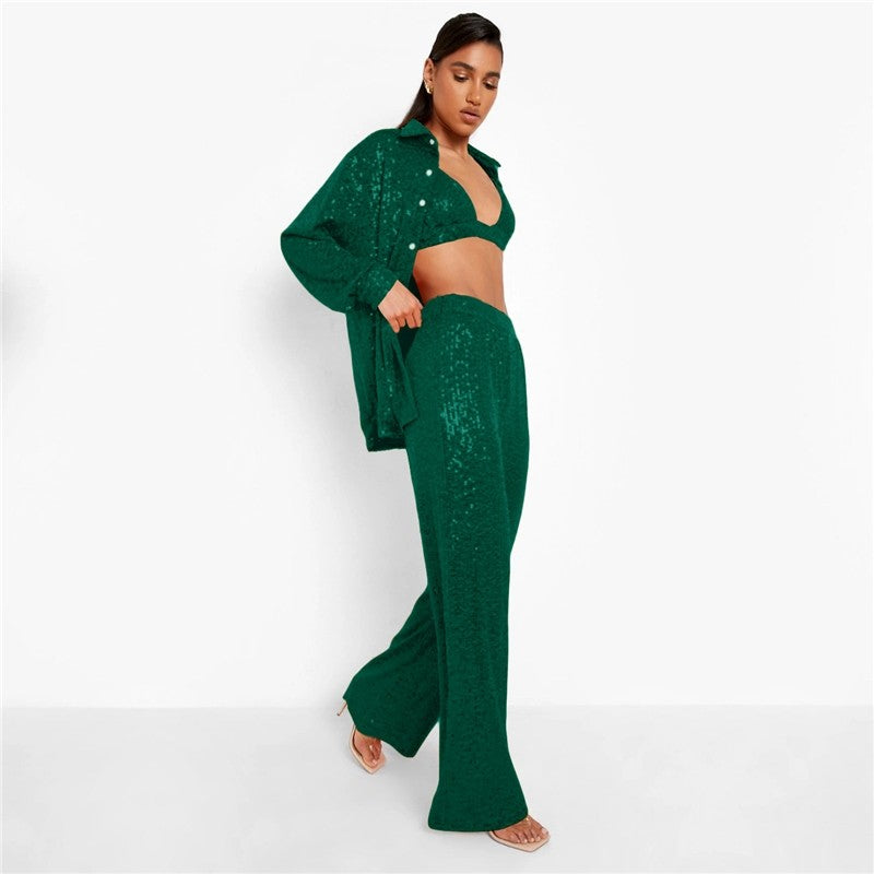 Solid Color Straight Leg Glitter Pants