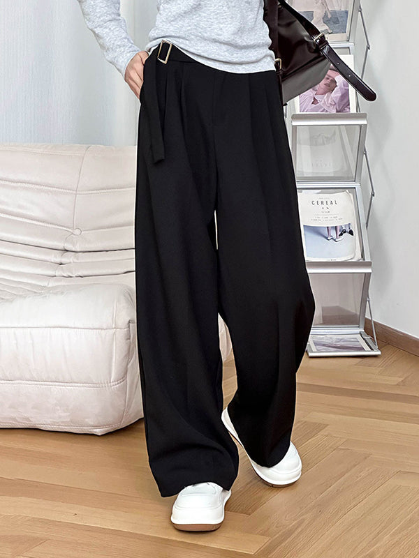 High Waisted Loose Belt Buckle Solid Color Suit Pants Trousers