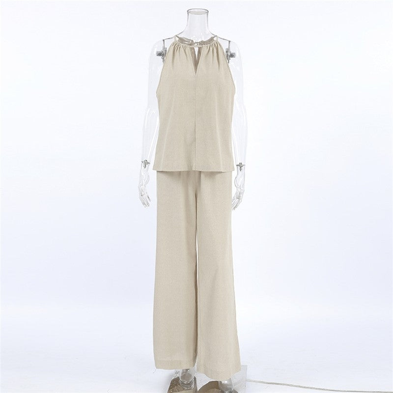 Sleeveless Top and Pants Pajama Set in Solid Color