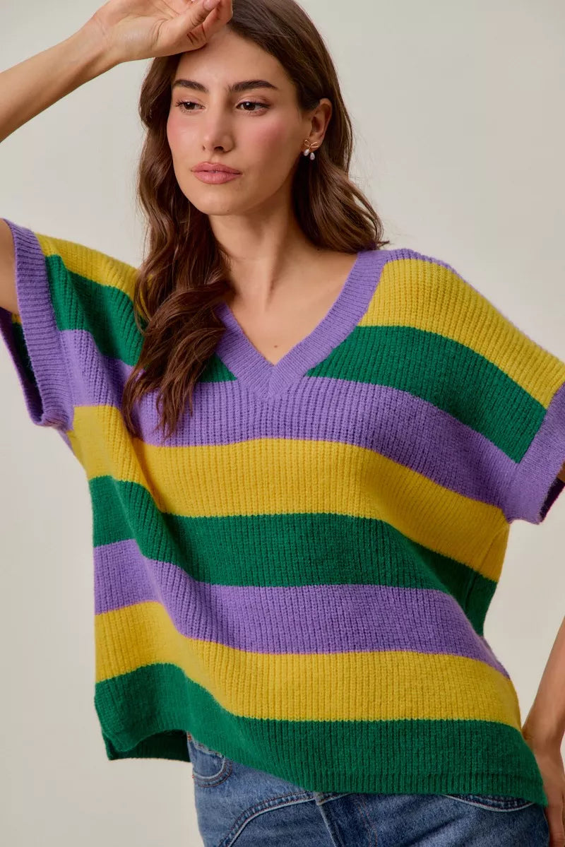 Mardi Gras Loose Fit V Neck Stripe Sweater Top