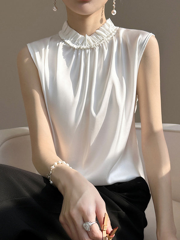 Loose Sleeveless Pleated Ruffle Trim Solid Color Stand Collar Vest Top