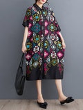 A-Line Loose Buttoned Printed Lapel Midi Dresses