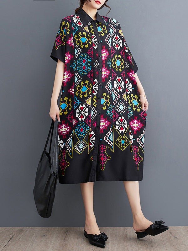 A-Line Loose Buttoned Printed Lapel Midi Dresses