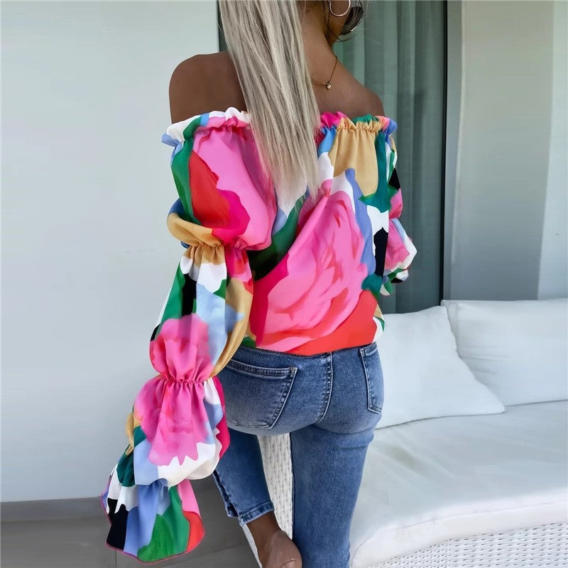 Off-Shoulder Printed Loose-Fit Blouse