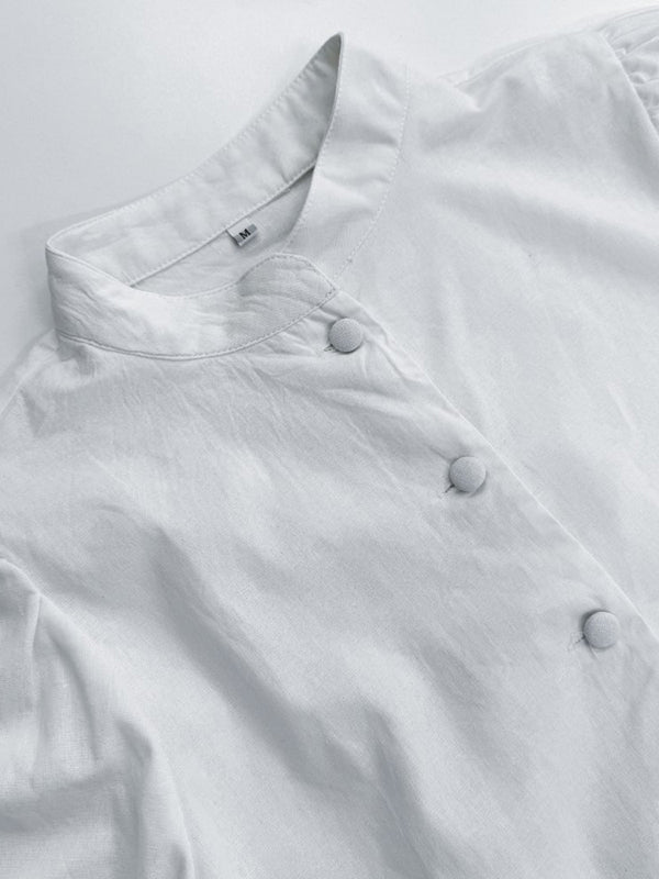 Half Sleeves Loose Buttoned Pleated Solid Color Split-Joint Stand Collar Blouses Top +  Skirts Bottom Two Pieces Set