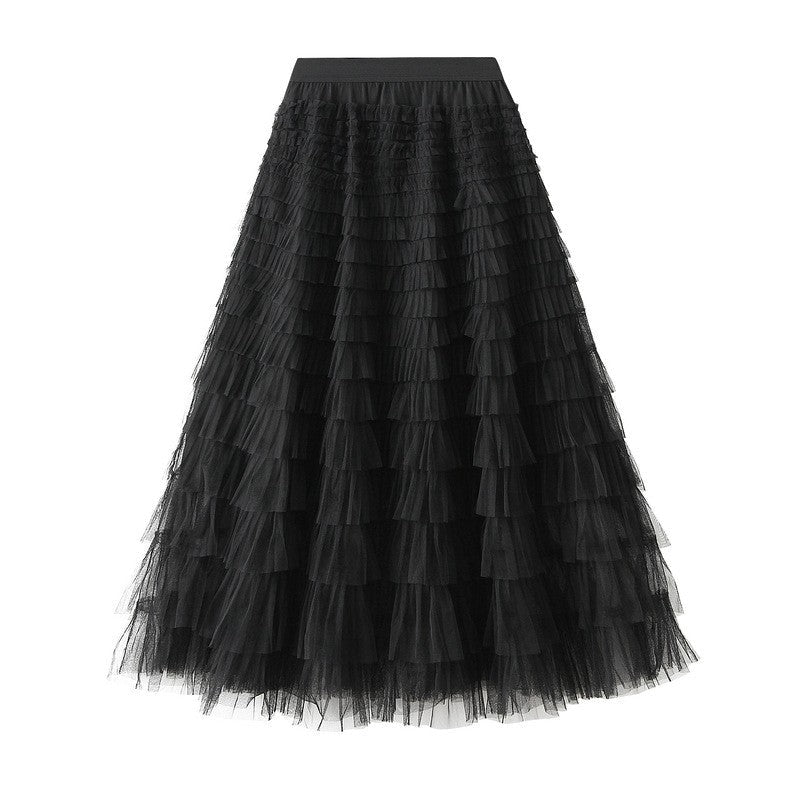 Layered Ruffled A-Line Mesh Cake Skirt with Elastic Waist - Solid Color