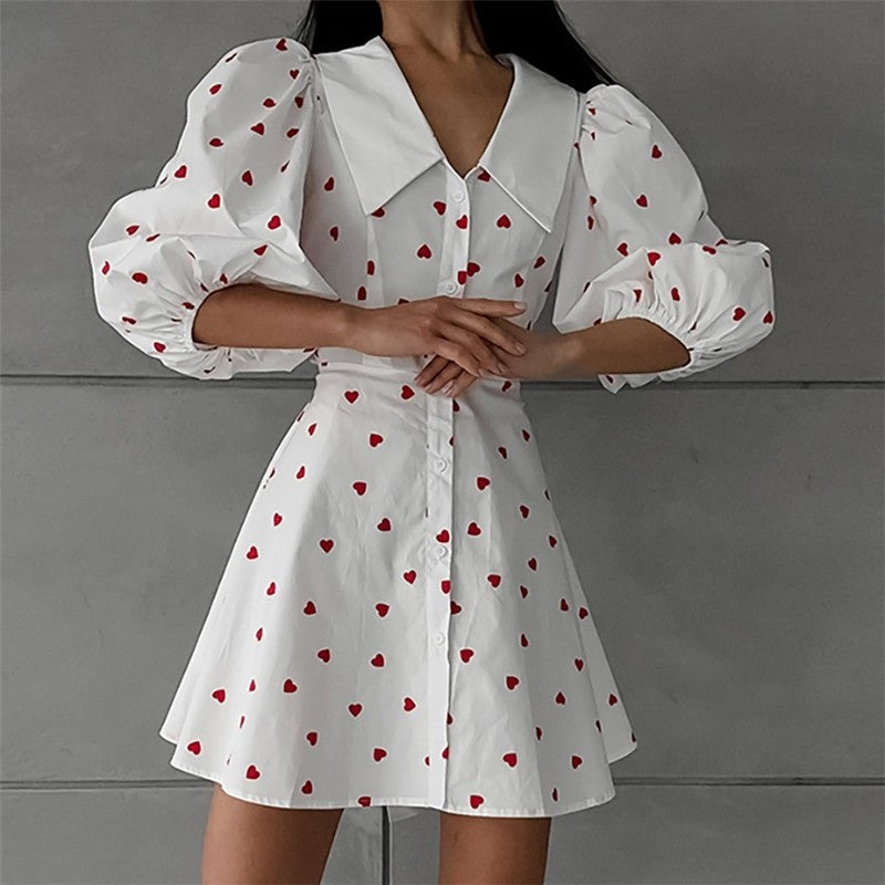 Printed Bubble Sleeve Dress with Cinched Waist, Lapel, and Minimalist Styling