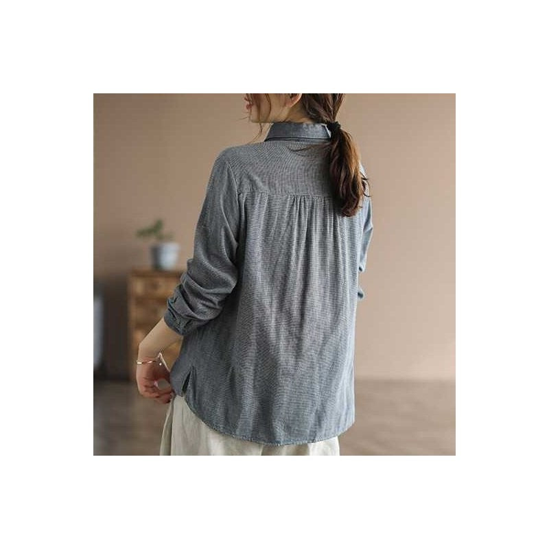 Grid Folk Style Embroidered Button-Down Shirt