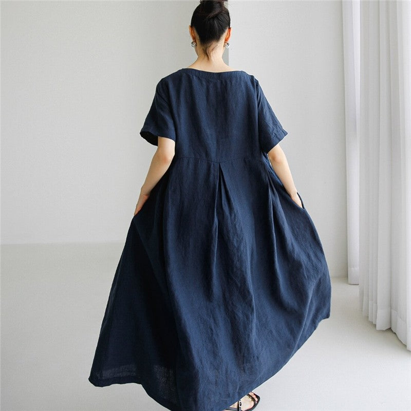 Loose-Fit Solid Color Plus Size Round Neck Long Dress