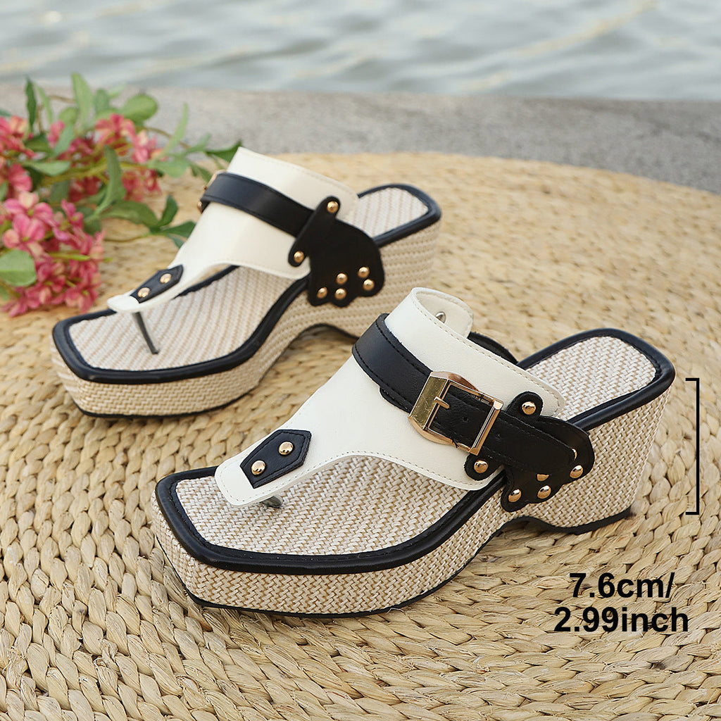 Chunky Heel Metal Buckle Sandals
