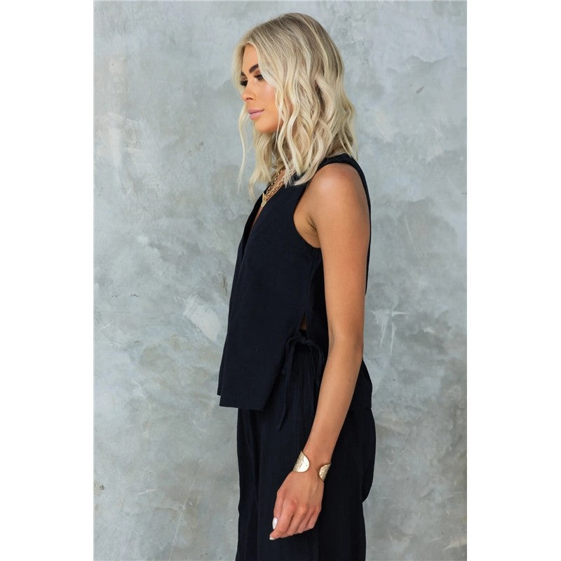 Single Breasted Sleeveless Vest and Trousers Set in Solid Color