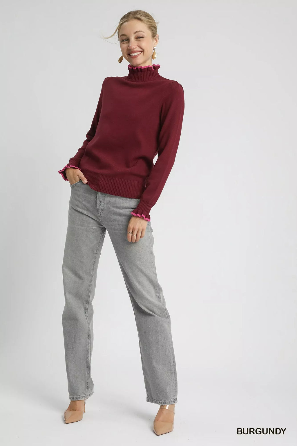 Ribbed Round Neck Sweater with Ruffle Contrast Trim