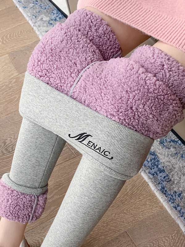 Casual Warm With Velvet Solid Color Skinny Leggings