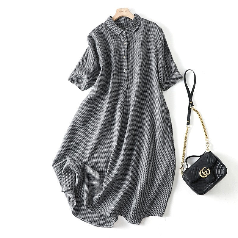 Short Sleeve Lapel A-Line Ramie Cotton Casual Retro Dress