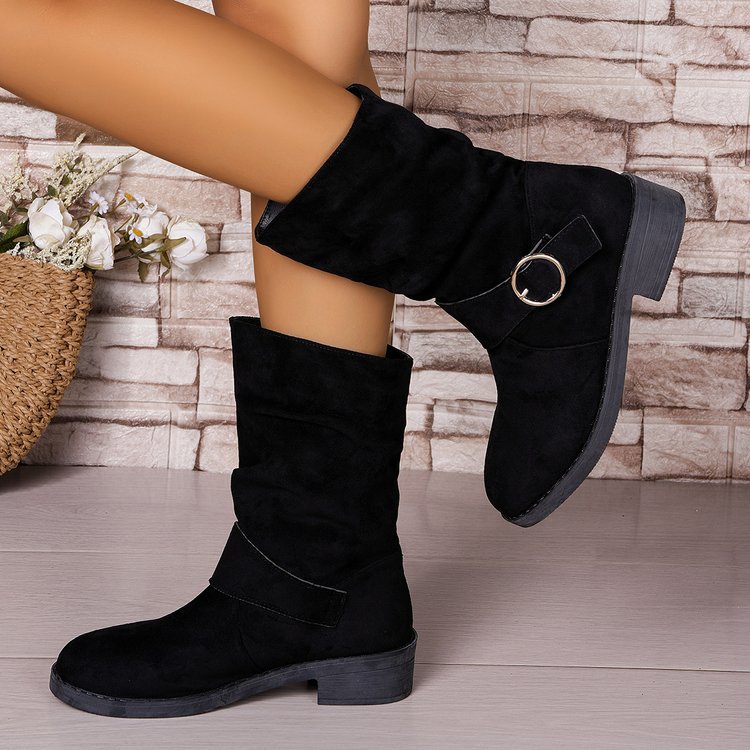 Women's Suede Chunky Heel Ankle Boots - Round Toe Cutout Design Winter Footwear