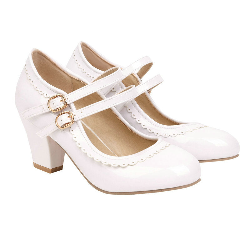 Women's Patent Leather Chunky Heel Mules – Candy Color Round Toe Buckle High Heels