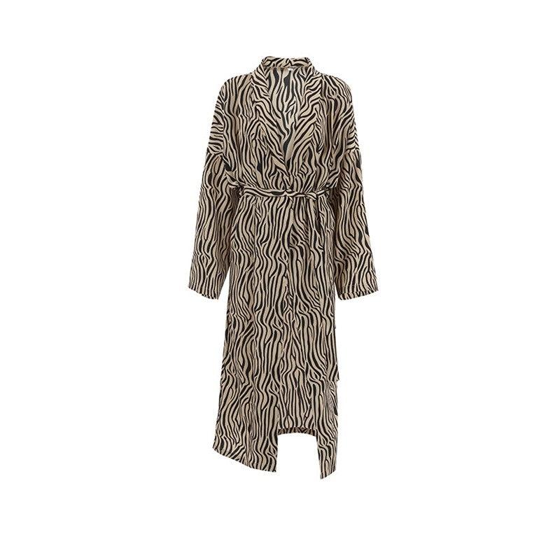 Leopard Print Long Sleeve Waist-Tie Night Robe Lounge Wear