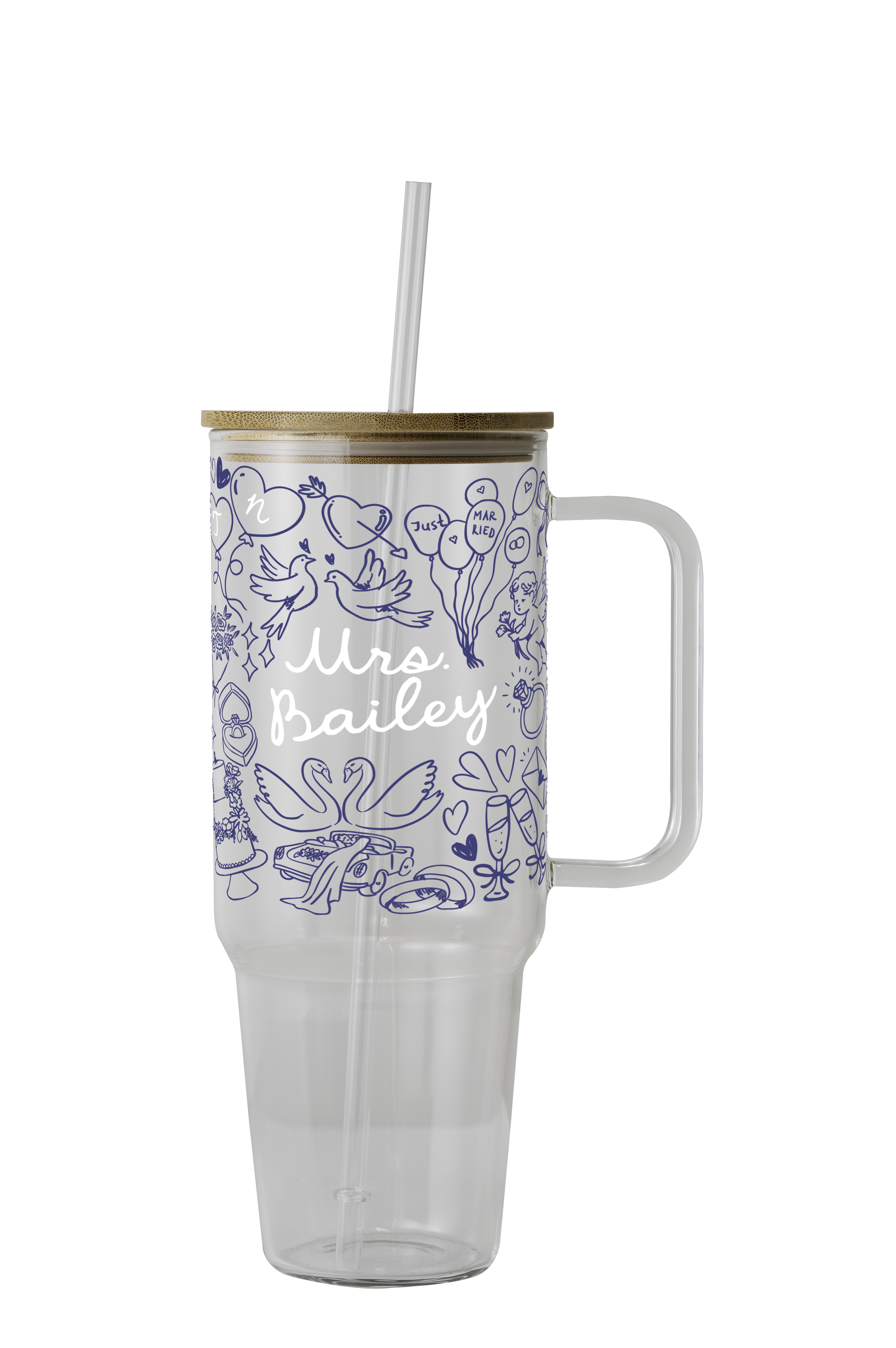 Something Blue Bridal Personalized & Non Personalized Clear Glass Mug With Lid & Straw
