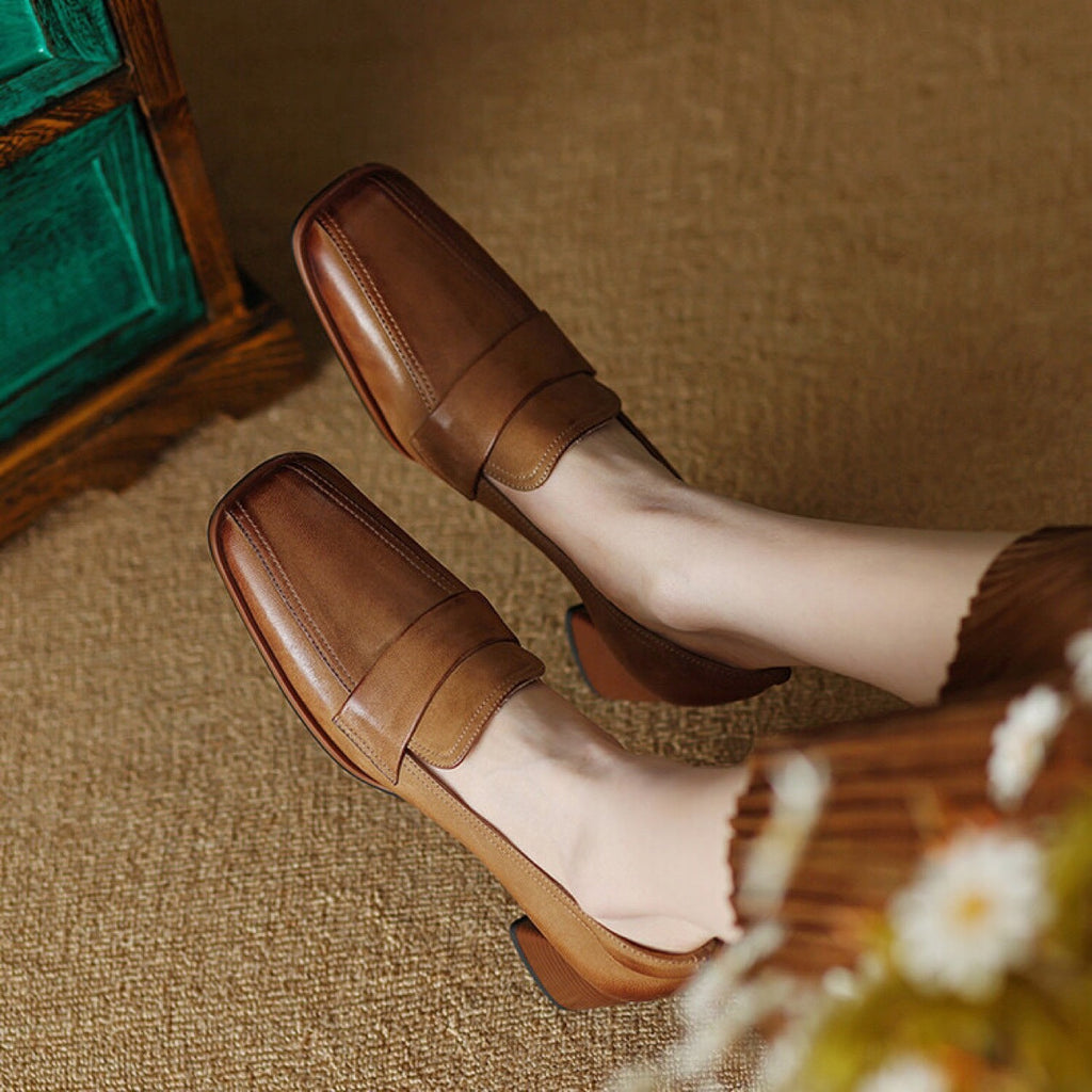 Women's Square Toe Chunky Heel Shoes – Sheepskin Upper, Retro Dress Heels in Blue & Apricot