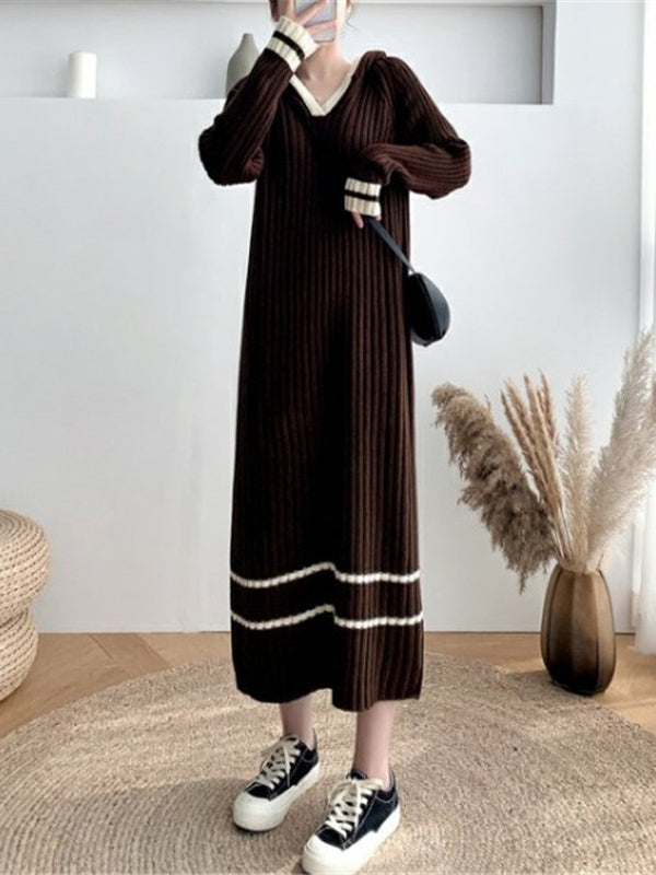 Urban Long Sleeves Loose Striped V-Neck Hooded Sweater Dresses