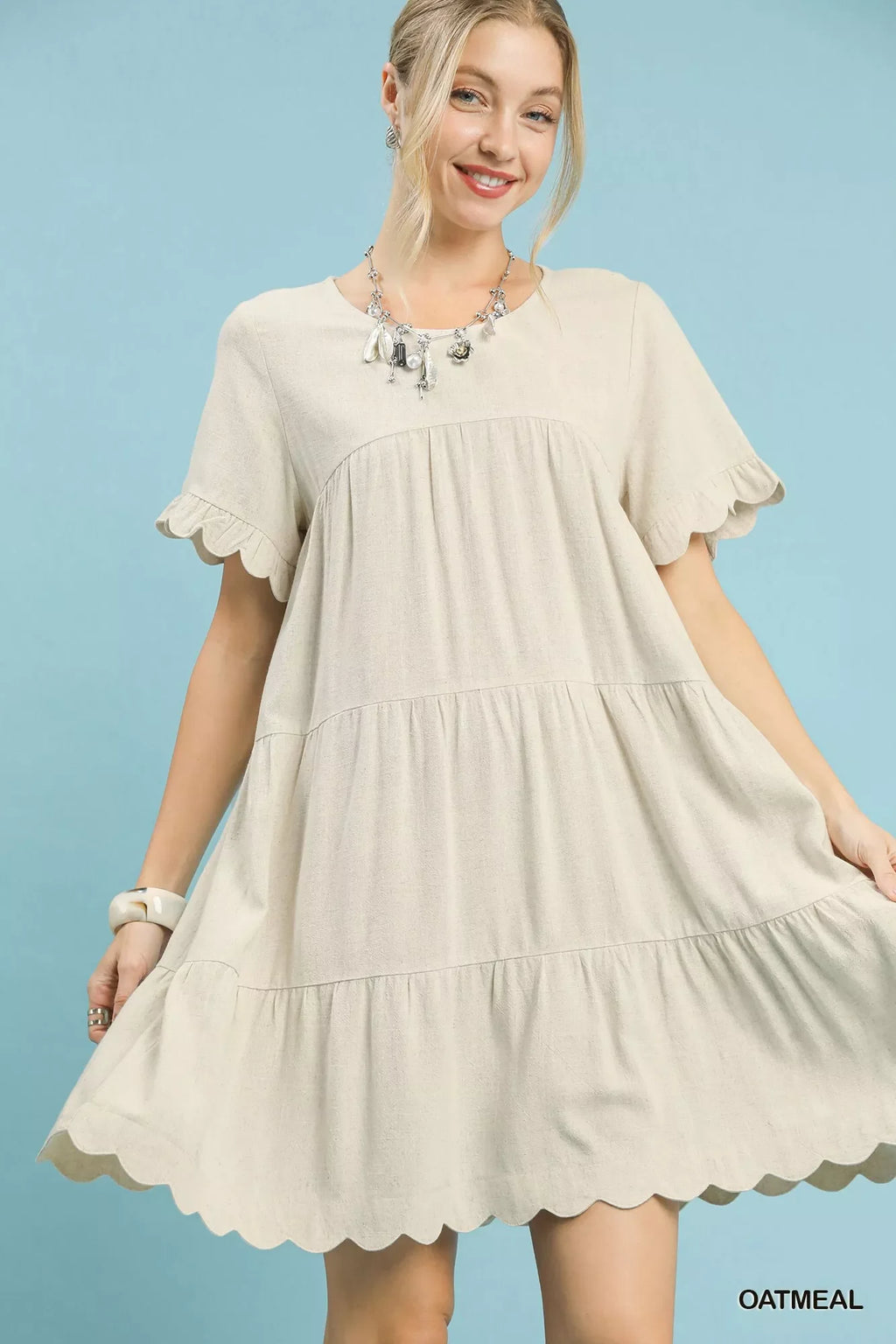 Linen Tiered Babydoll Dress with Ruffle Sleeves
