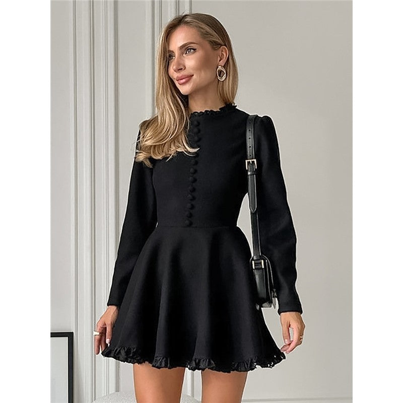 Solid Color Crewneck Long Sleeve A-Line Ruffled Hem Mini Dress