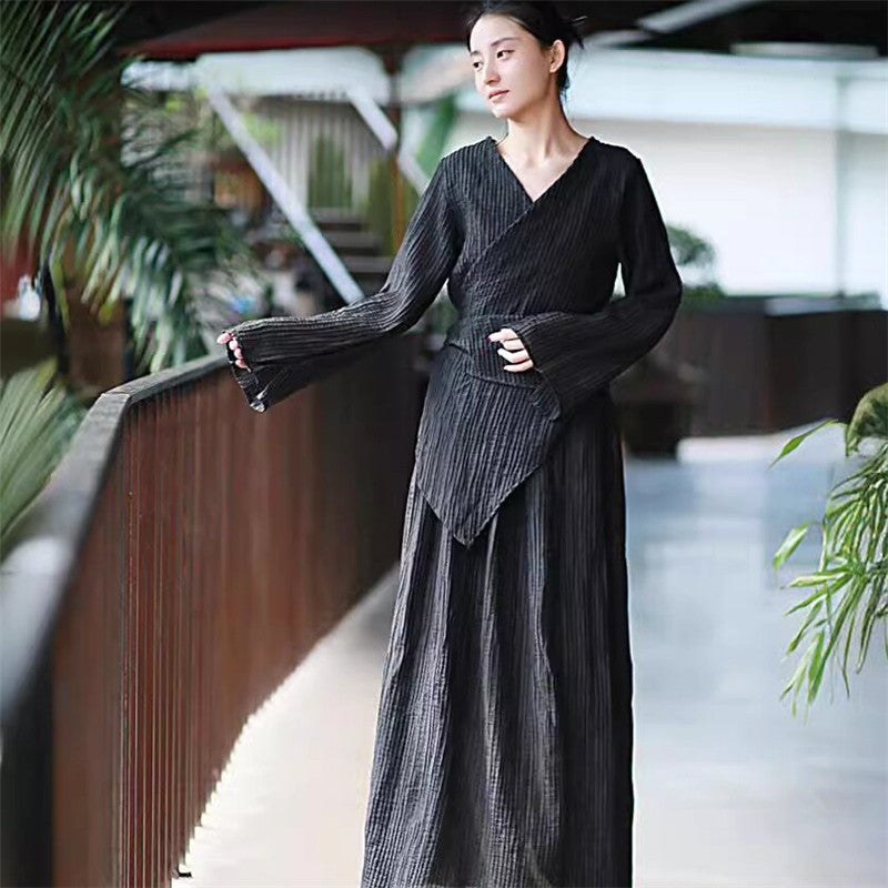 Solid Color Double-Layer Strap Shirt and Skirt Ensemble