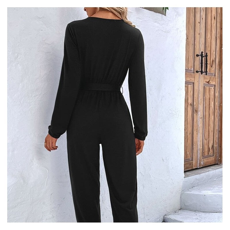 High-Waisted V-Neck Long Sleeve Belted Jumpsuit