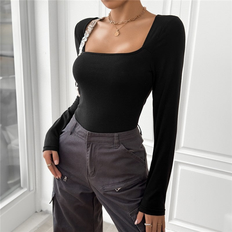 Square Neck Long Sleeve Solid Color Bodysuit Rompers