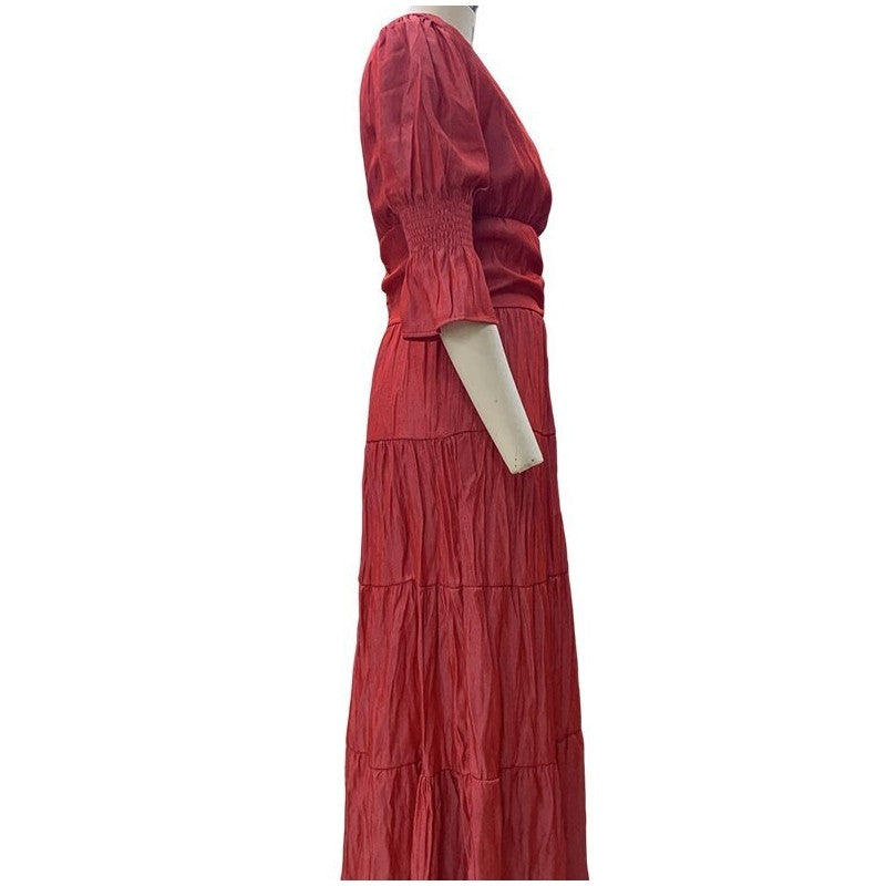 Chic Solid V-Neck Long Sleeve Midi Dress