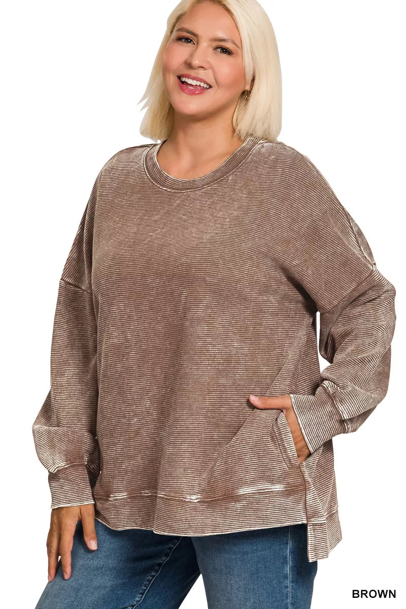 Full Size Acid Washed Double Ribbed Hi-low Sweatshirt Plus Size