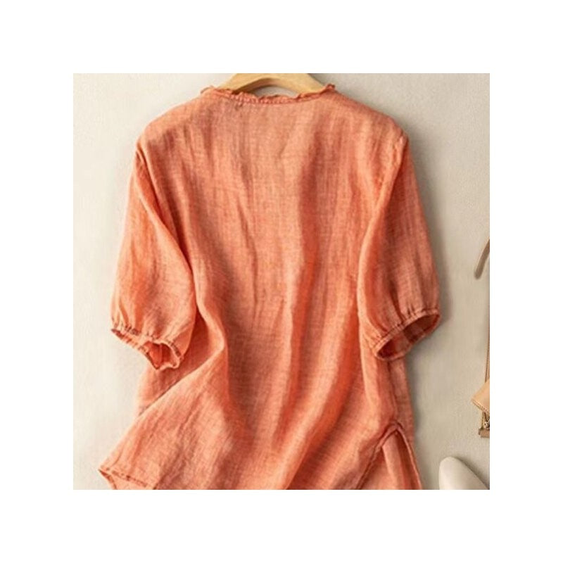 Embroidered Loose Fit V-Neck Short Sleeve T-Shirt